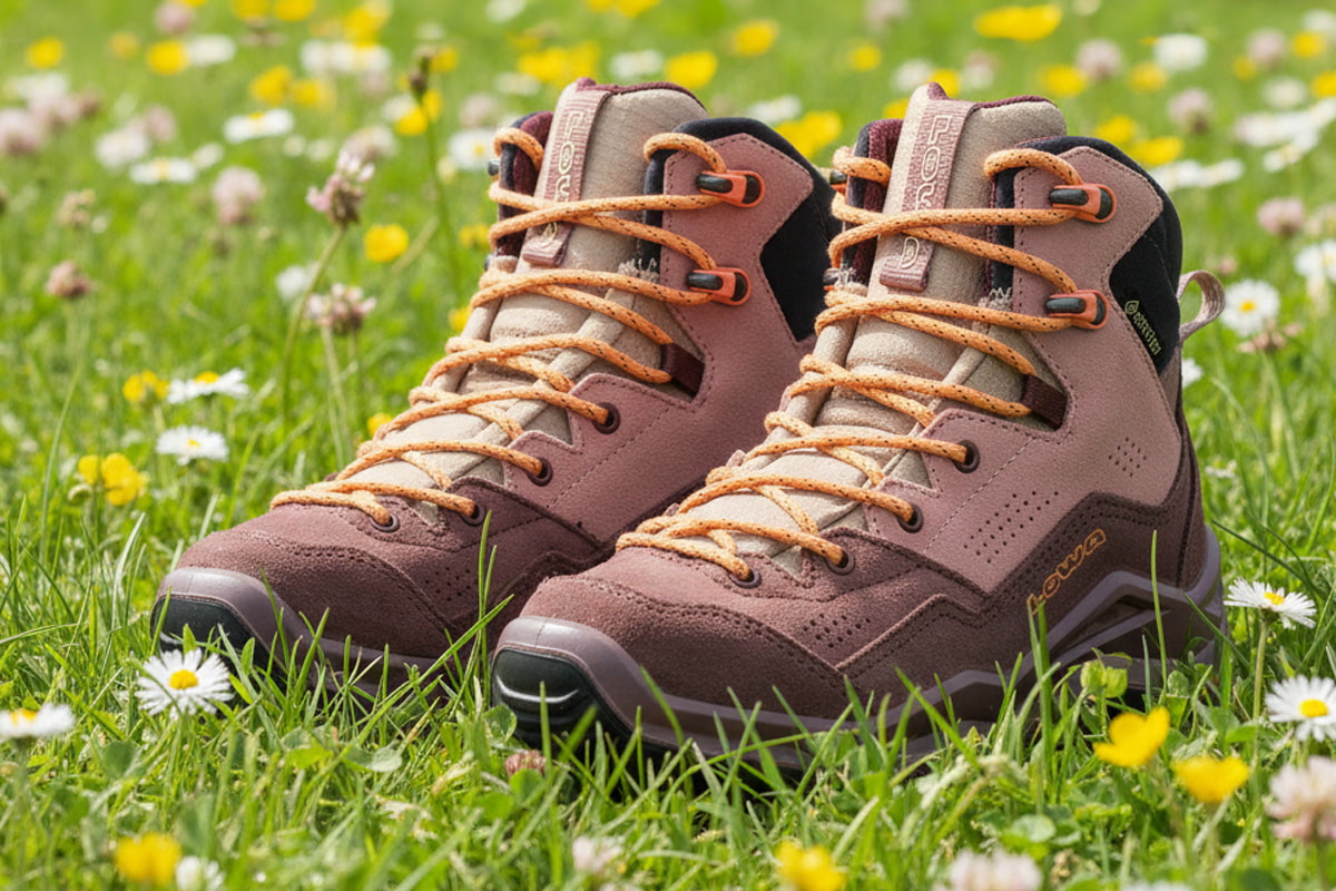 LOWA hiking boots in dusky pink with orange laces, on a meadow with flowers.
